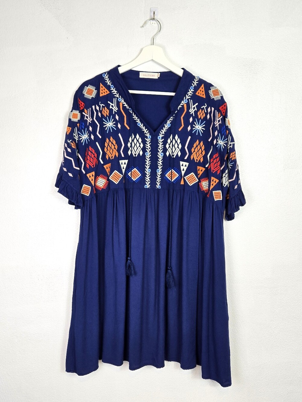 Solitaire Embroidered Navy Blue Tunic Dress Mini Ruffle Sleeve Boho Size XL